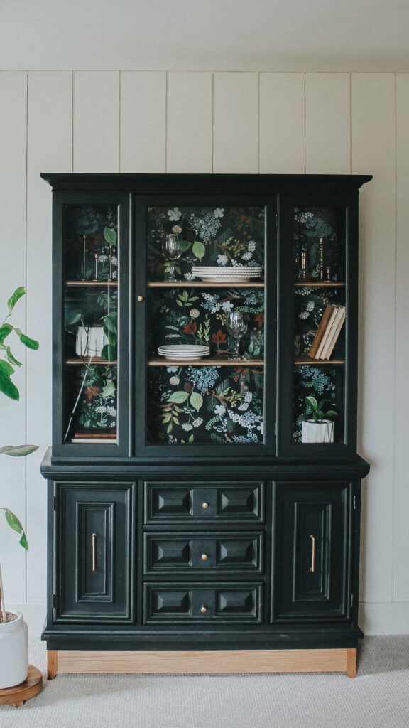 Stunning Hutch Transformation with Black Paint and Floral Wallpaper