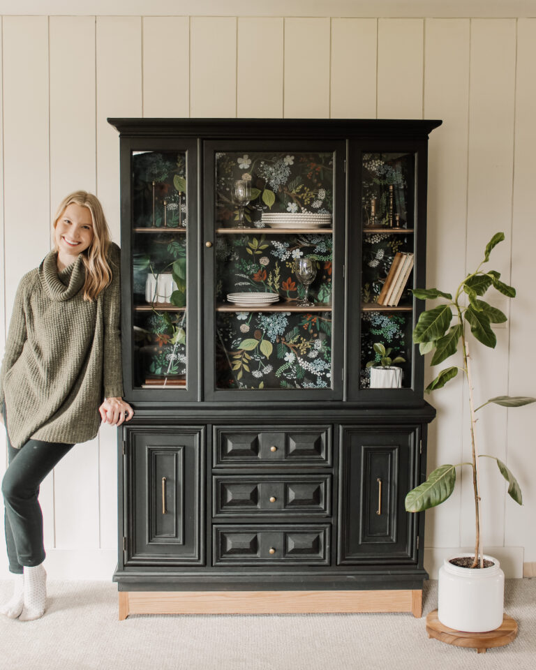 Stunning Hutch Transformation with Black Paint and Floral Wallpaper